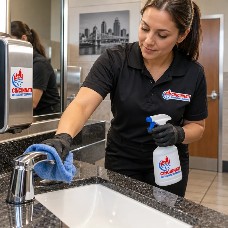 Clean restaurant restroom touchpoints with polished fixtures, a streak-free mirror, and clean floor edges