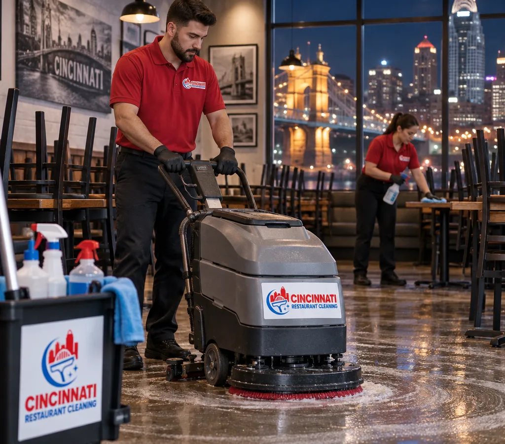 After-hours commercial cleaning crew machine-scrubbing a Cincinnati restaurant dining area