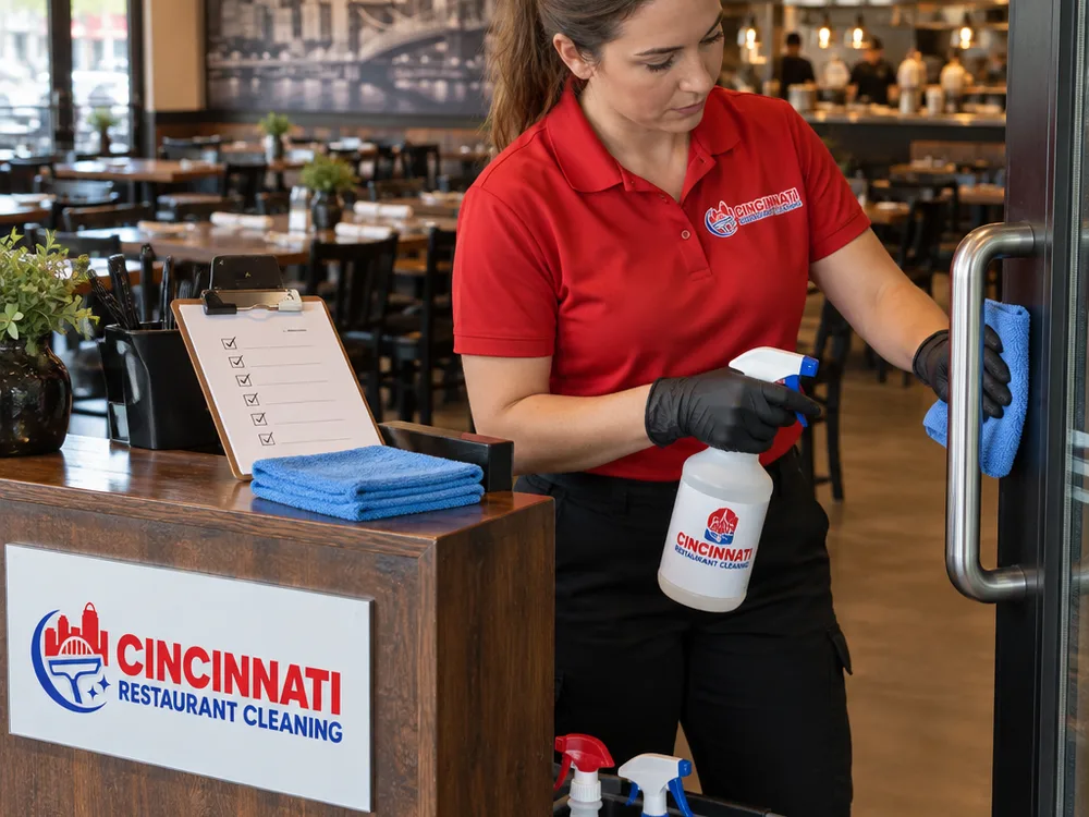Cleaner wiping restaurant door handles and host stand with labeled disinfectant and a checklist nearby
