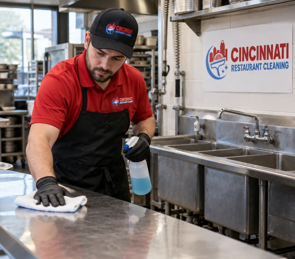 Restaurant cleaning technician sanitizing a stainless prep table beside a commercial sink