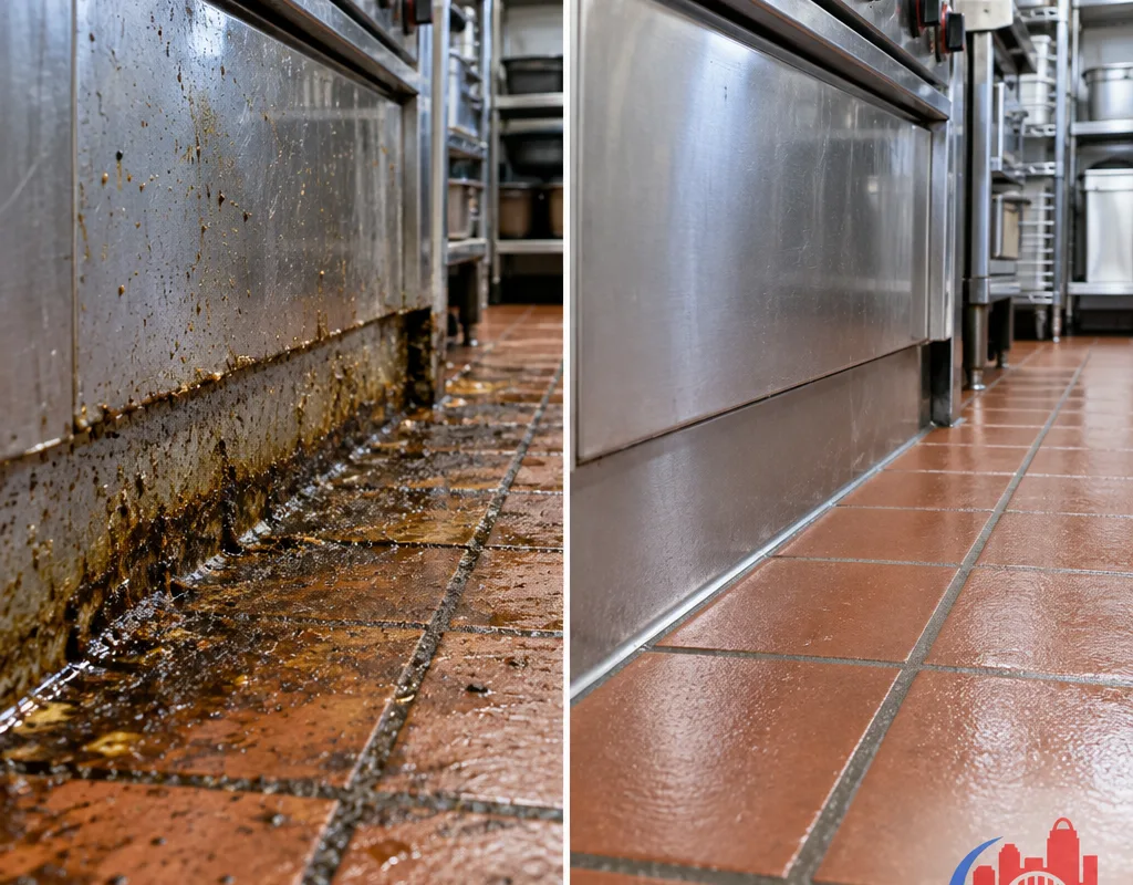 Before-and-after comparison of grease buildup removed from a commercial kitchen floor edge