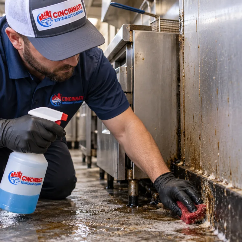 Technician removing grease buildup beside a commercial fryer and adjacent wall