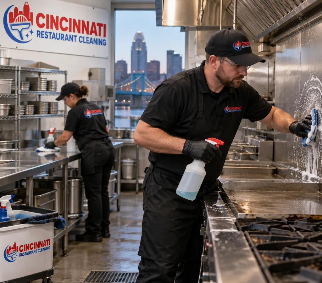 Cleaner in PPE detailing a commercial cook line in a Cincinnati restaurant kitchen