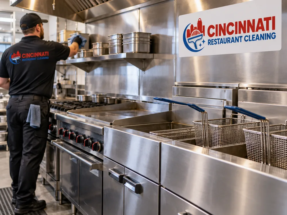 Degreased stainless cook line with clean fryer exteriors, shelves, seams, and handles