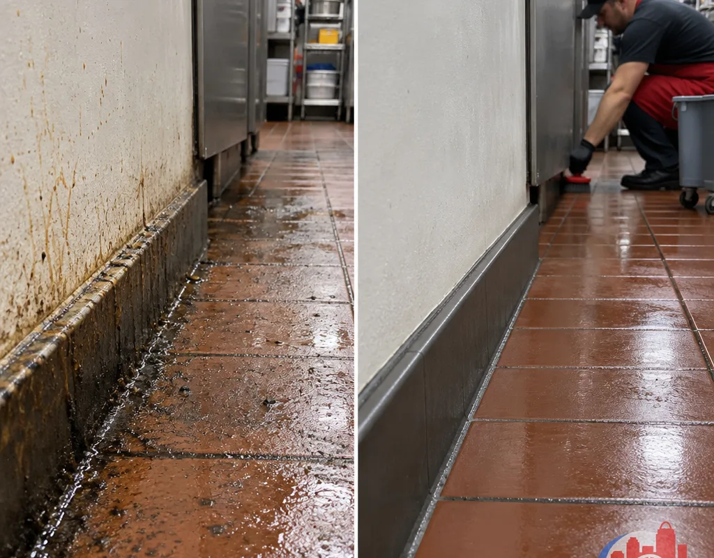 Before and after comparison of a detailed commercial kitchen floor edge and baseboard