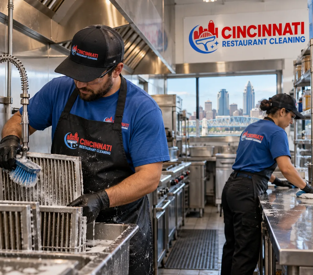 Commercial kitchen crew degreasing hood filters and detailing stainless prep surfaces