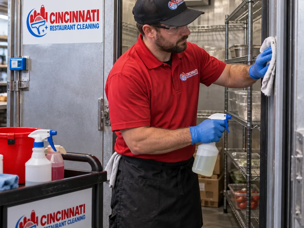 Technician cleaning walk-in cooler shelving and door gaskets with food-safe cleaner