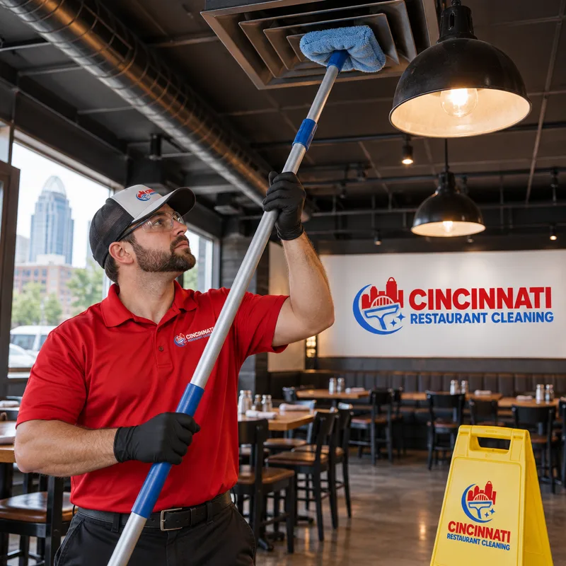 Technician high dusting a restaurant ceiling vent and light fixture with an extension pole and microfiber