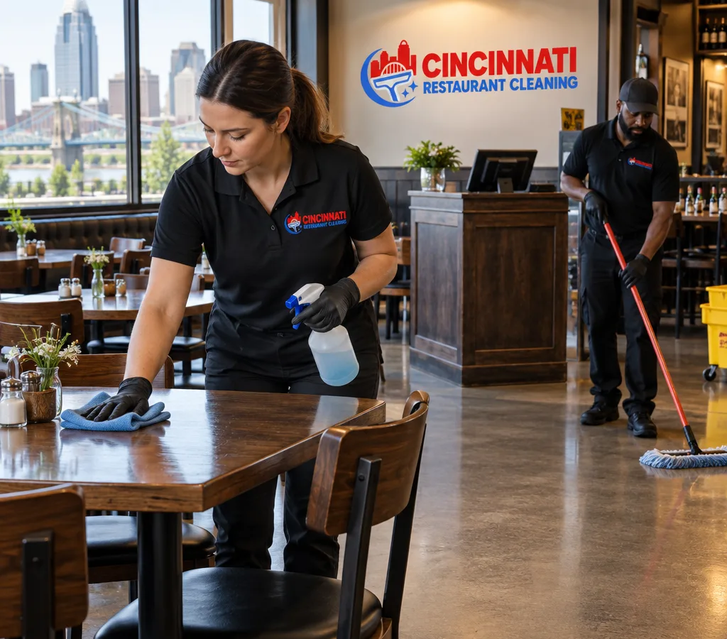 Professional cleaners detailing restaurant tables, chairs, and a high-traffic walkway near the host stand