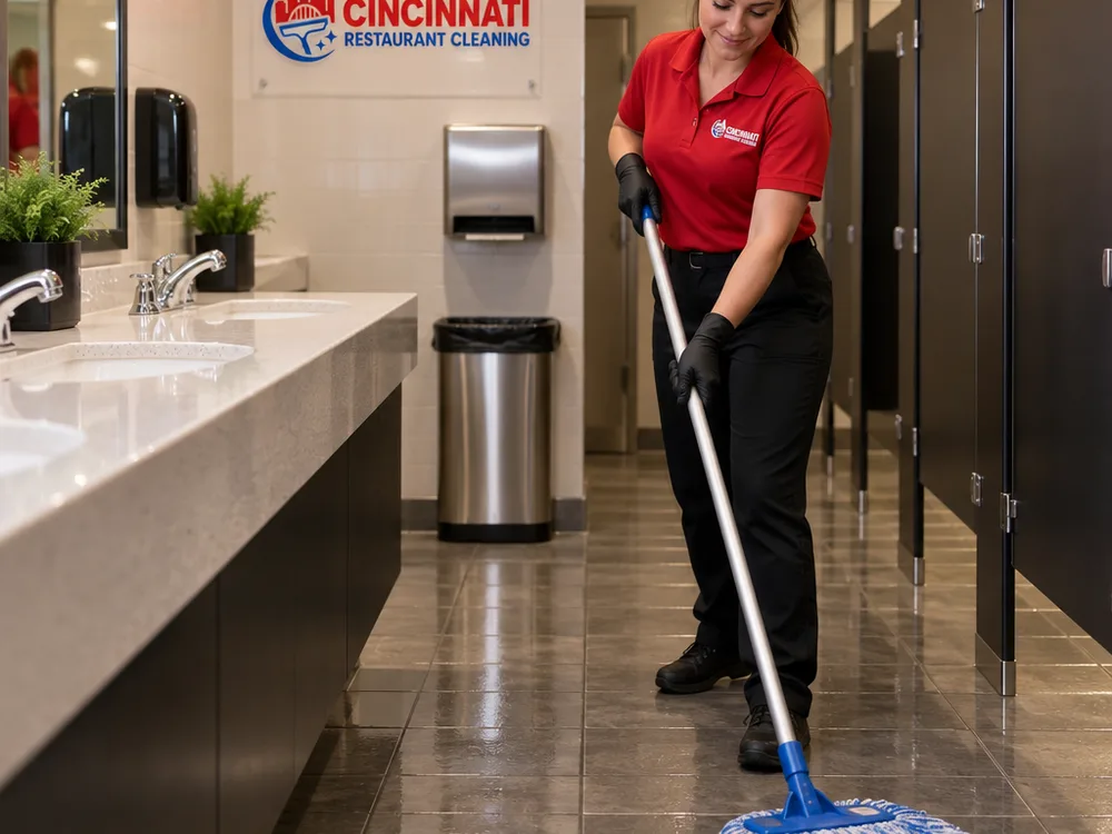 Spotless restaurant restroom with clean mirror, sink, touch points, and freshly mopped floor edges