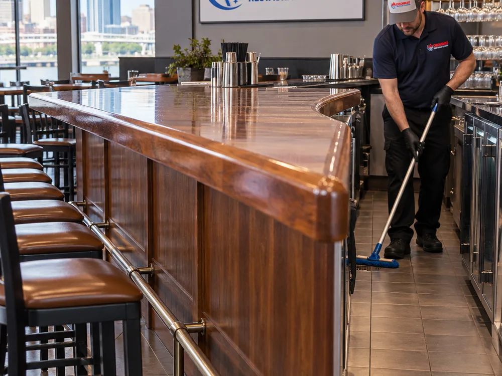 Clean restaurant bar front and guest rail with residue-free surfaces and detailed floor edges