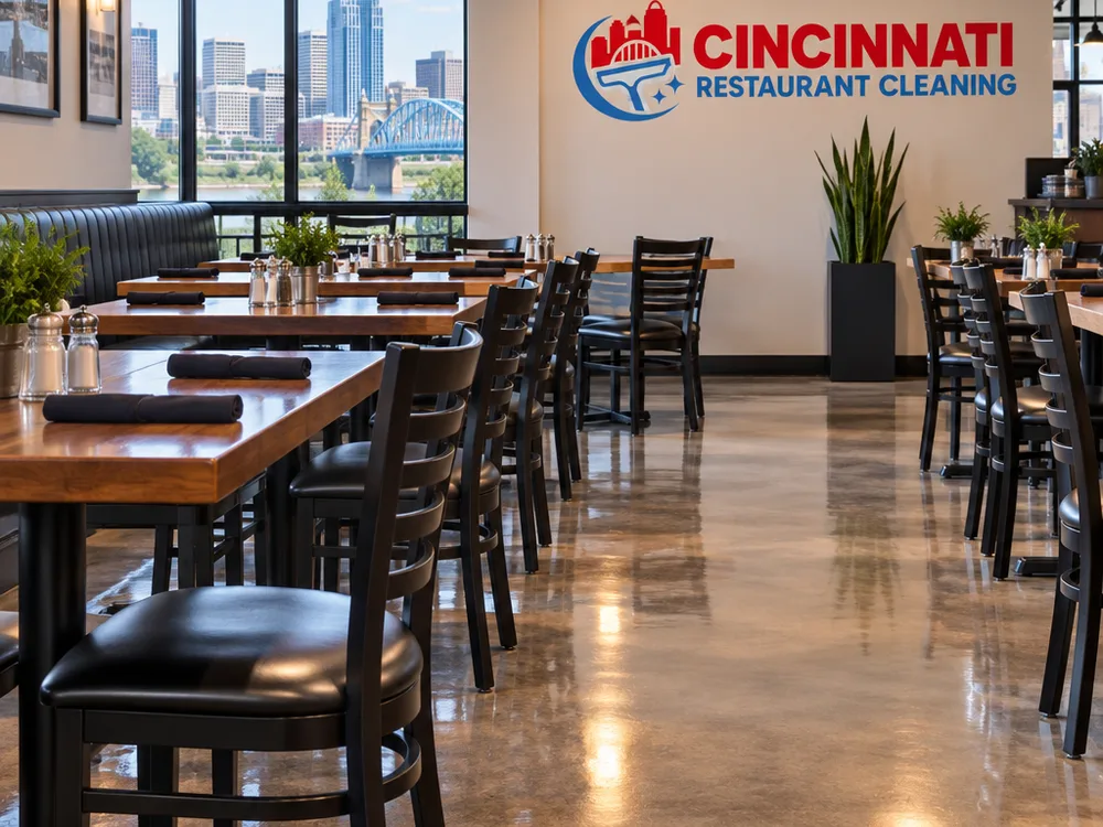 Finished restaurant dining room with aligned chairs, wiped table bases, and streak-free reflective floors