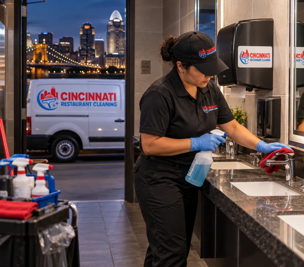 After-hours janitorial technician disinfecting fixtures and checking dispensers in a restaurant restroom