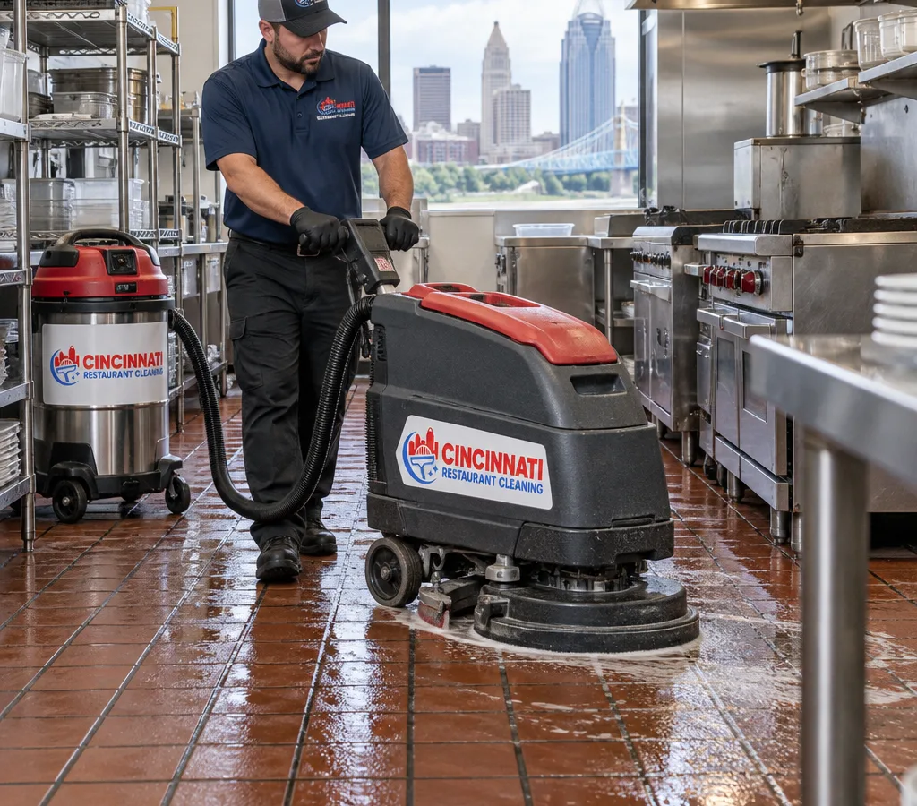 Technician scrubbing a greasy quarry tile commercial kitchen floor with an auto scrubber and wet vac