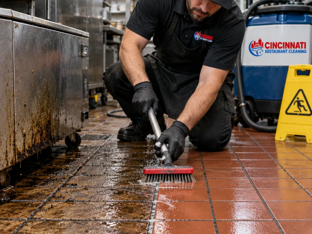 Quarry tile and grout showing a grease line beside freshly cleaned commercial kitchen flooring