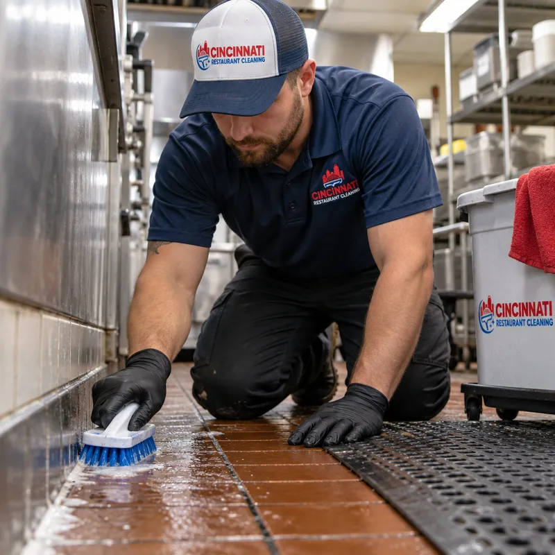 Technician scrubbing a commercial kitchen floor edge along a wall and base area