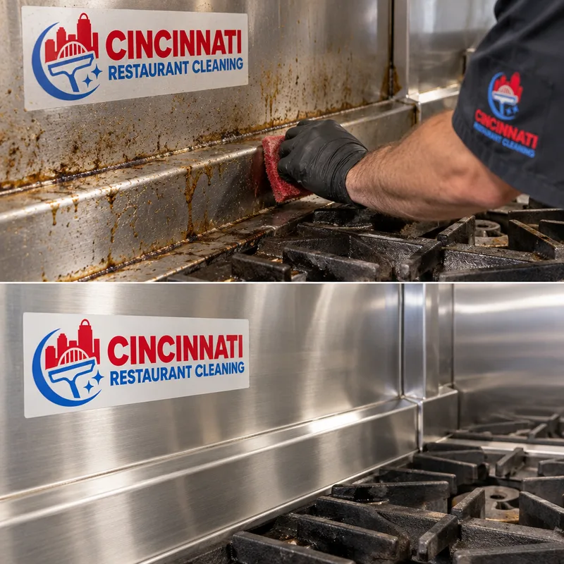Degreased stainless backsplash and cleaned edge seams behind a commercial range