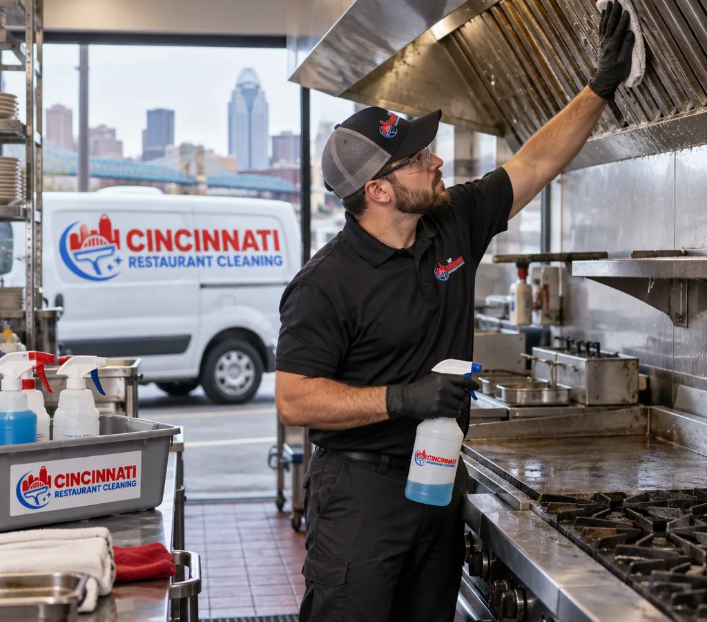 Technician cleaning and degreasing a commercial cook line in a Norwood-area restaurant kitchen