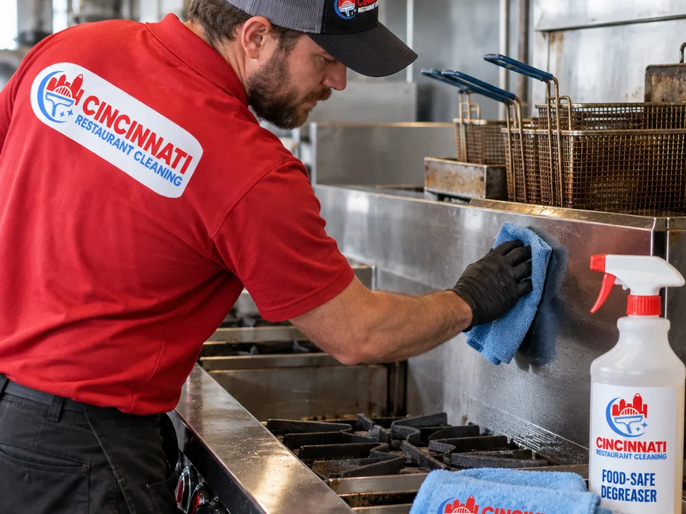 Technician detailing greasy stainless steel around a commercial range and fryer station