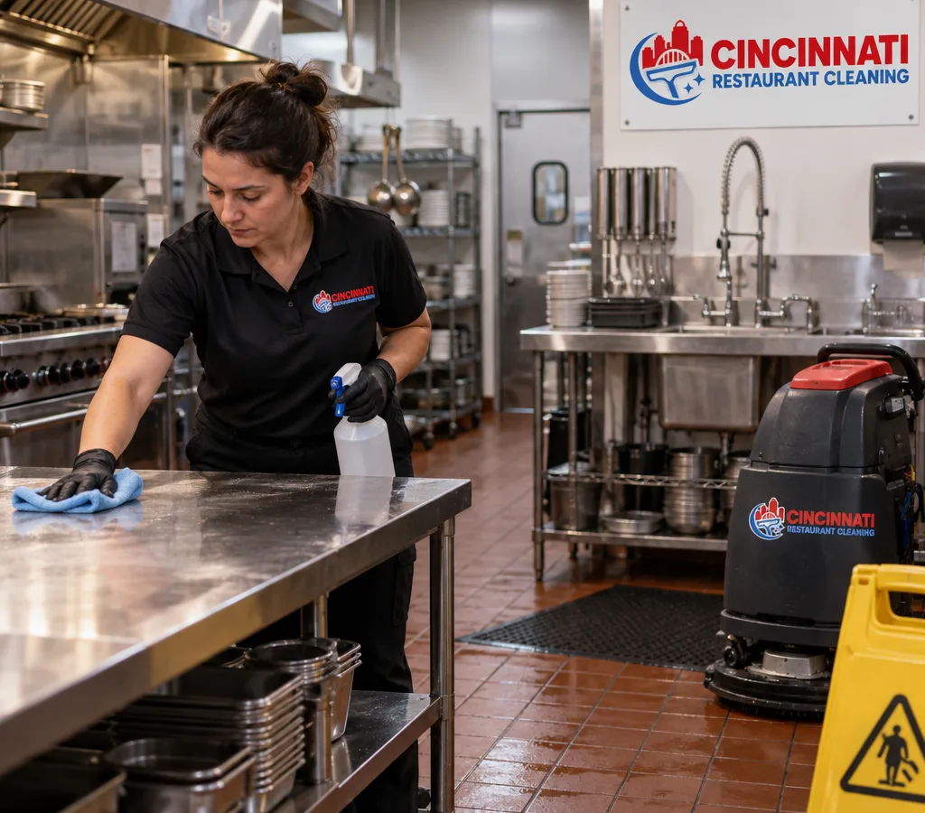 After-hours restaurant cleaner wiping stainless prep tables in a Cheviot-area commercial kitchen with floor care equipment staged safely
