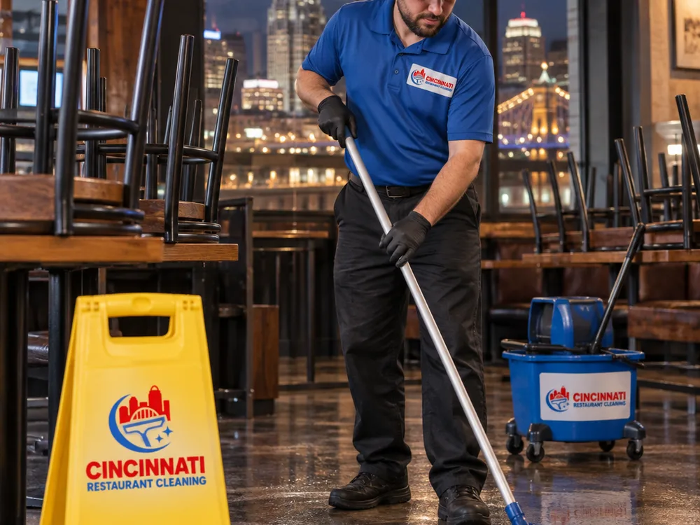 Cleaner scrubbing a restaurant dining-area floor after closing with wet-floor signage and chairs lifted for thorough coverage