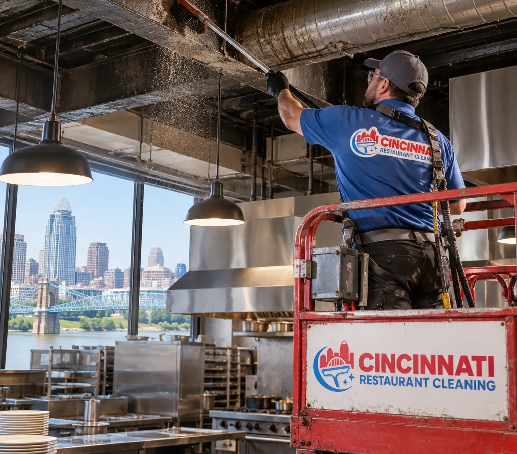 Technician using a lift to remove dust and grease from high beams and ducting in a restaurant kitchen