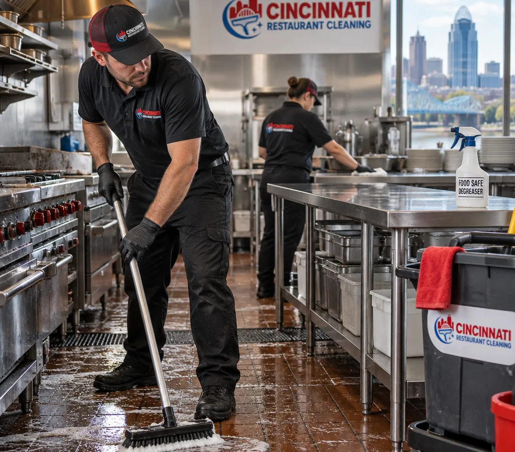 Professional cleaner detailing and degreasing a restaurant kitchen line in Elmwood Place