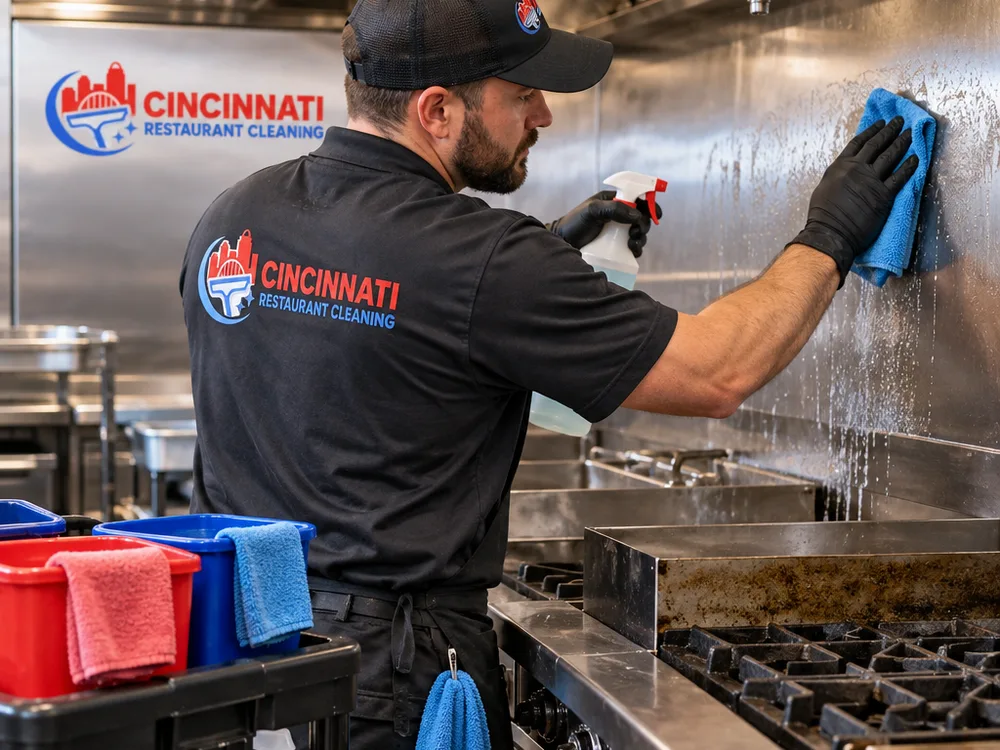 Technician cleaning stainless steel behind a restaurant cook line with food-safe degreaser and color-coded tools