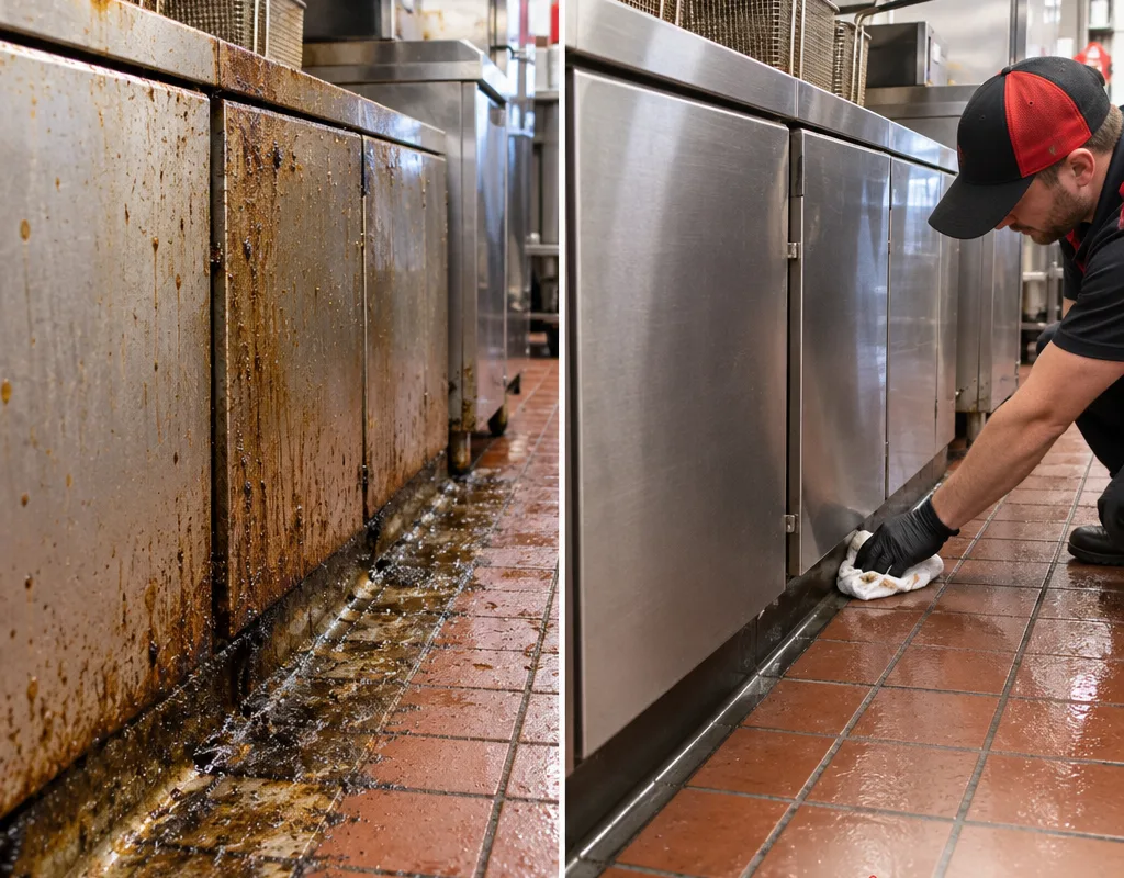 Before-and-after view of grease removed from fryer side panels and the adjacent floor edge