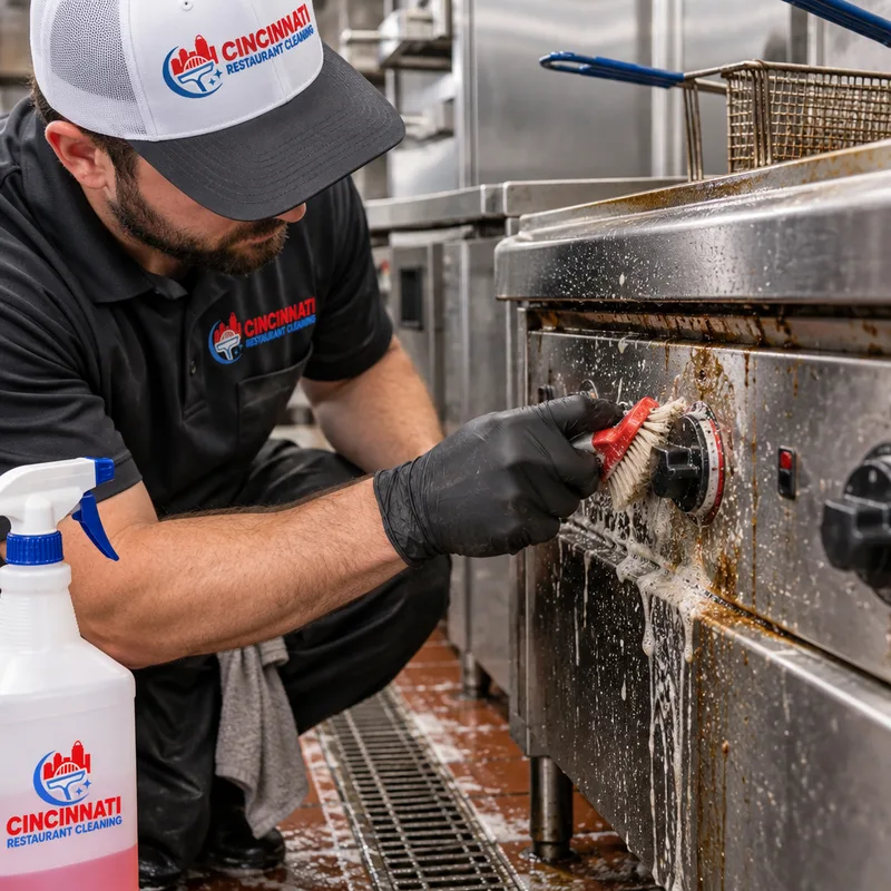 Technician detailing fryer controls, greasy side panels, and the adjacent floor edge