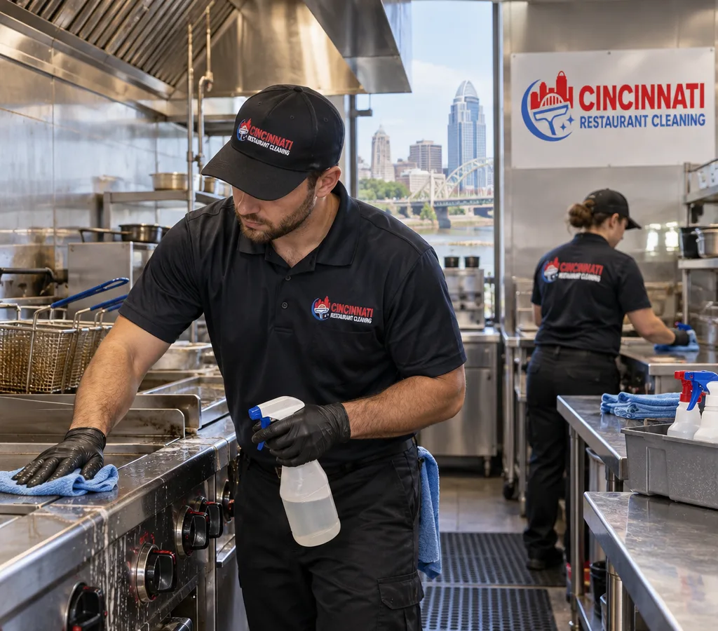 Technician detail-cleaning stainless restaurant equipment, controls, and prep surfaces in a back-of-house kitchen