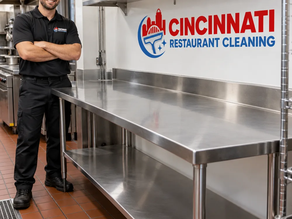 Detailed stainless prep table line with clean seams, undersides, legs, wall edge, and floor perimeter