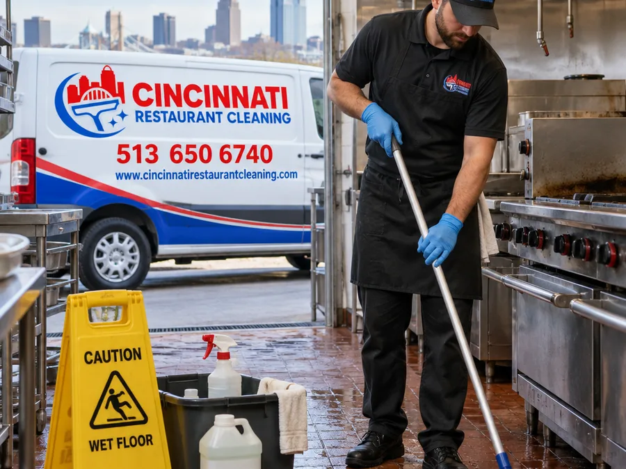 Cleaner mopping a commercial kitchen floor near the cook line with safety equipment visible