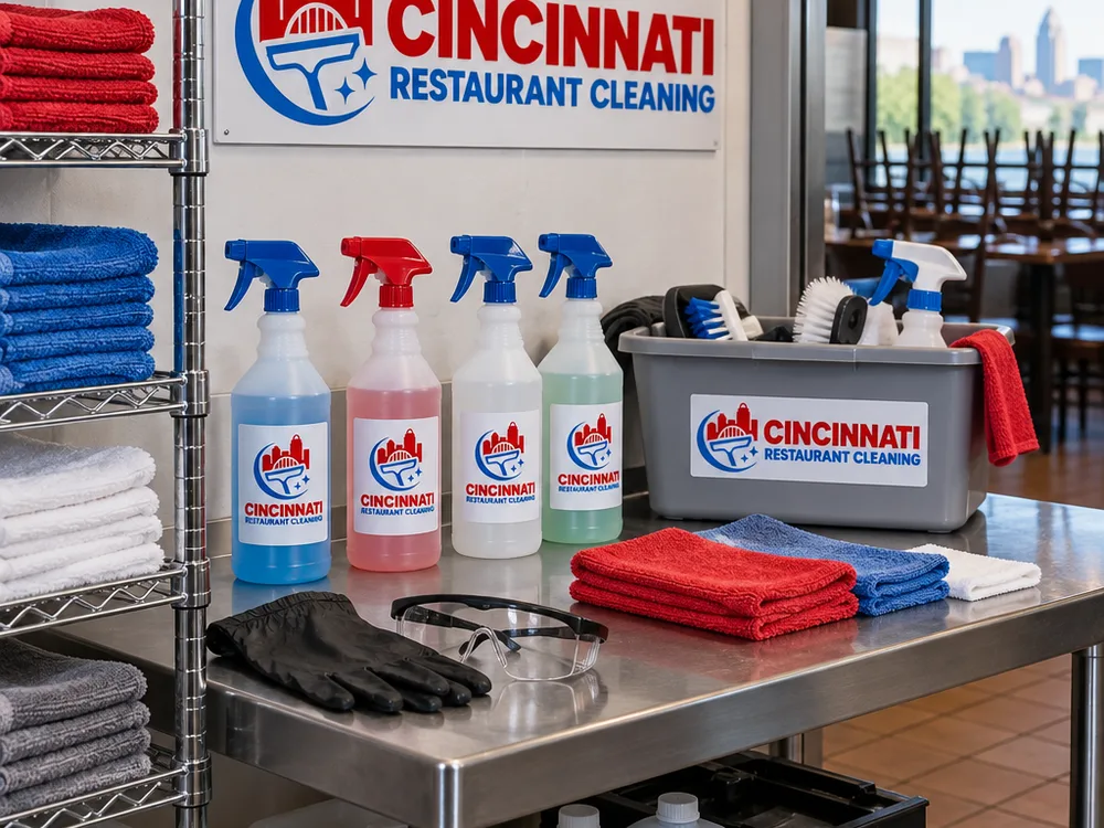 Organized restaurant cleaning supply station with labeled bottles, microfiber cloths, and PPE